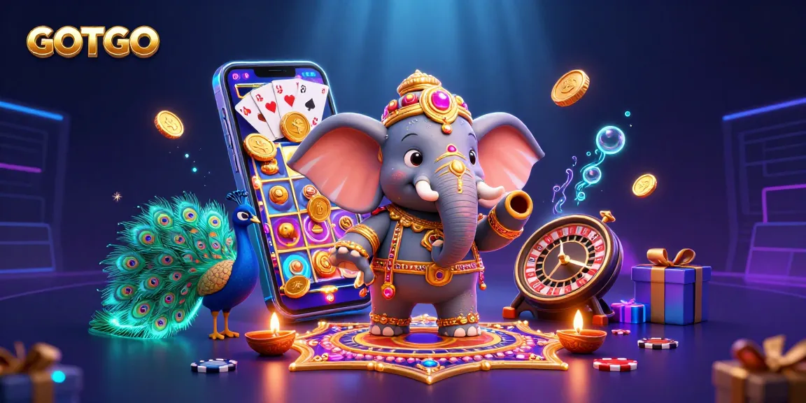 Terlibatlah dengan ilustrasi kasino 3D GOTOTO yang cerah menampilkan seekor gajah dan merak di tengah elemen permainan yang dinamis.