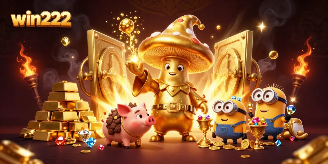 Experience the excitement of win222 with a magical 3D casino illustration featuring golden treasures and characters.