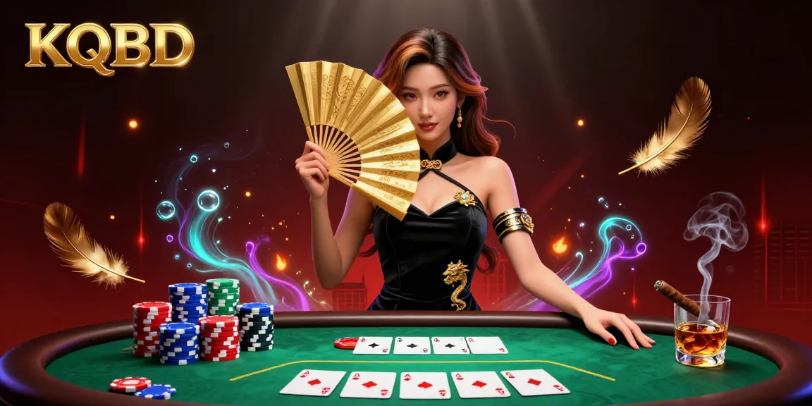 KQBD showcases a stunning Asian woman in an elegant setting with poker elements, perfect for gambling enthusiasts.