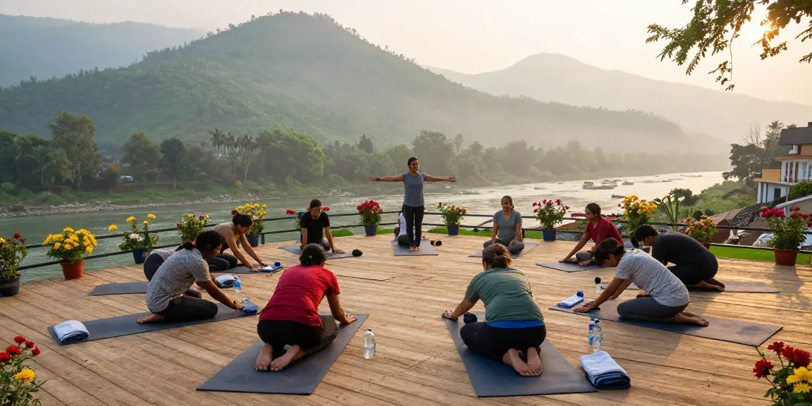 Group practicing yoga during dawn at the best yoga retreat in Rishikesh, surrounded by mountains and nature.