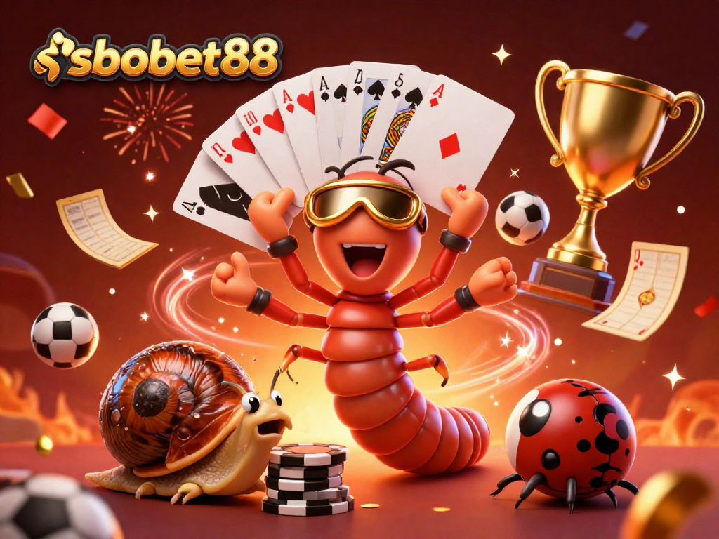 Engaging sbobet88 sports betting scene with a millipede dealer and a high-roller snail in action.