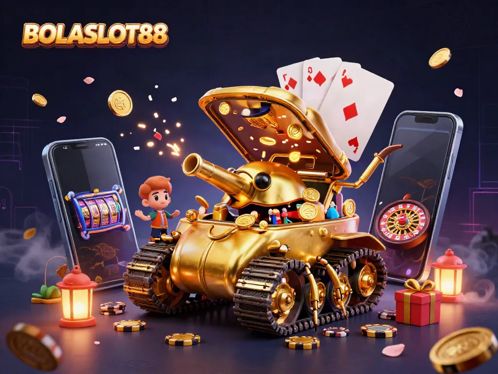 BOLASLOT88 showcases a vibrant 3D casino scene with a golden beetle tank, engaging patrons, and slot games.