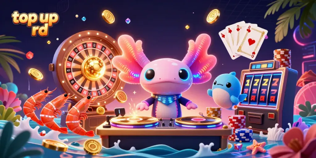 Mengisi ulang top up rd di Flazz Gaming sambil dikelilingi koin emas dan minigame menarik.