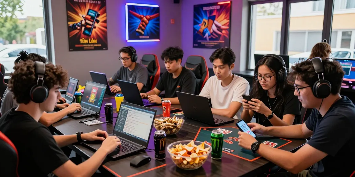 Friends enjoying game bài đổi thưởng in a vibrant gaming lounge filled with excitement and colorful lighting.