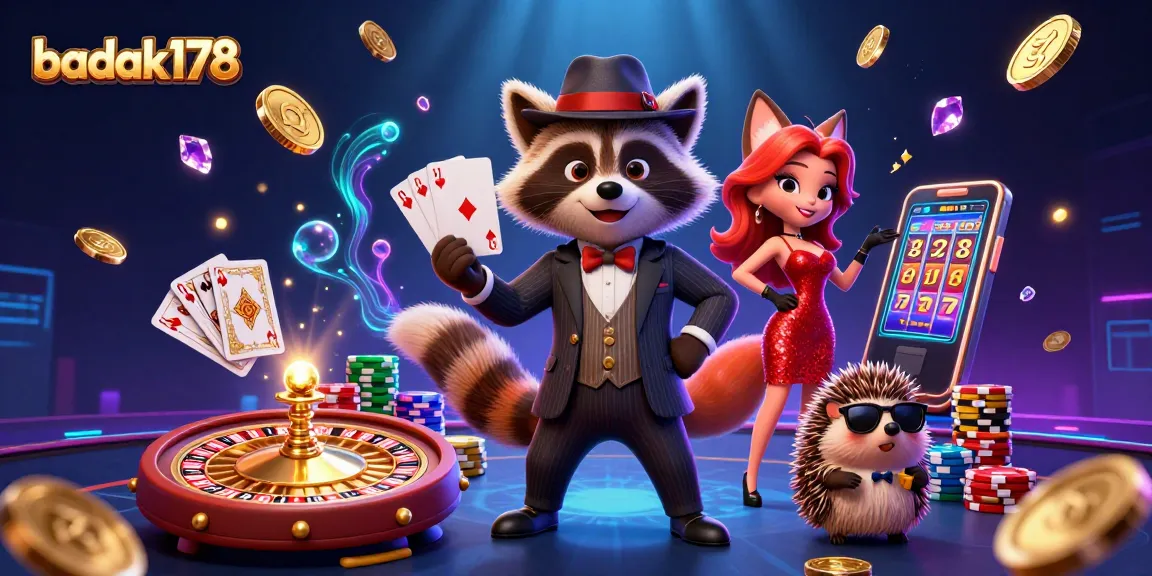 Join the fun at badak178 with a charming raccoon, fox lady, and hedgehog in a casino scene!