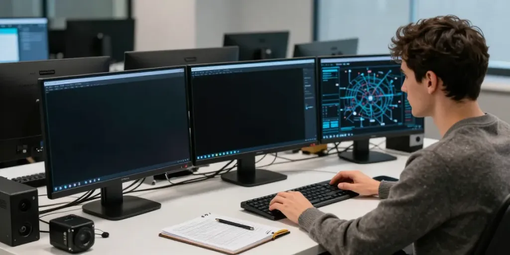 Cybersecurity expert analyzing hidden wiki dark web data on multiple screens in a modern workspace.