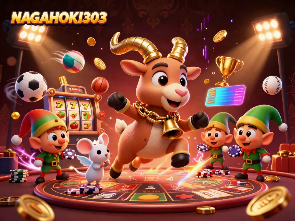 NAGAHOKI303 menciptakan suasana kasino seru dengan Krampus dan tokoh lainnya dalam ilustrasi 3D
