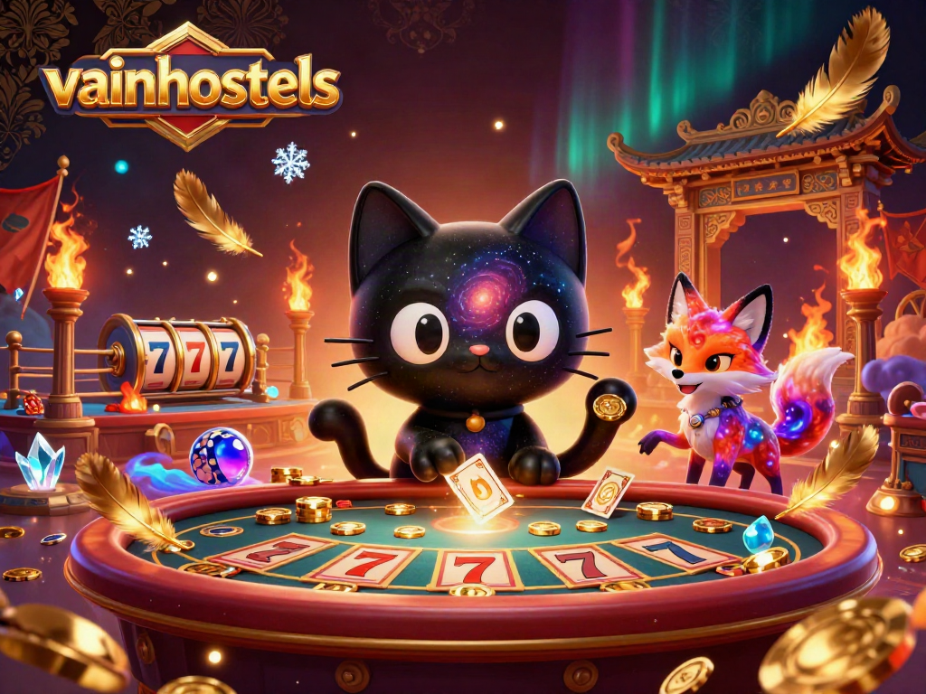 Interact with vibrant casino elements in vainhostels’ cosmic scene featuring a black hole cat.