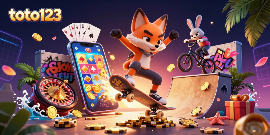 Experience thrilling gaming with toto123 as a skateboarder fox and BMX rabbit joyfully bouncing over poker chips.