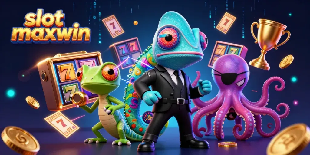 Memenangkan slot maxwin dengan simbol slot berwarna-warni dan karakter kartun ceria yang energik.
