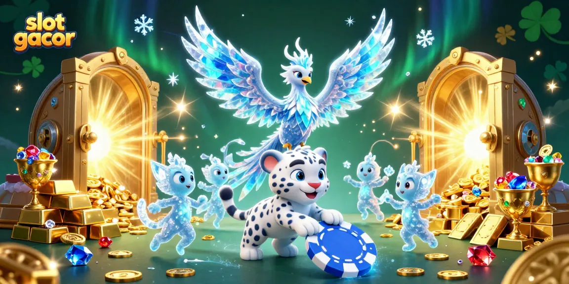 Experience the magic of slot gacor with a playful ice phoenix and vibrant casino elements in a captivating illustration.