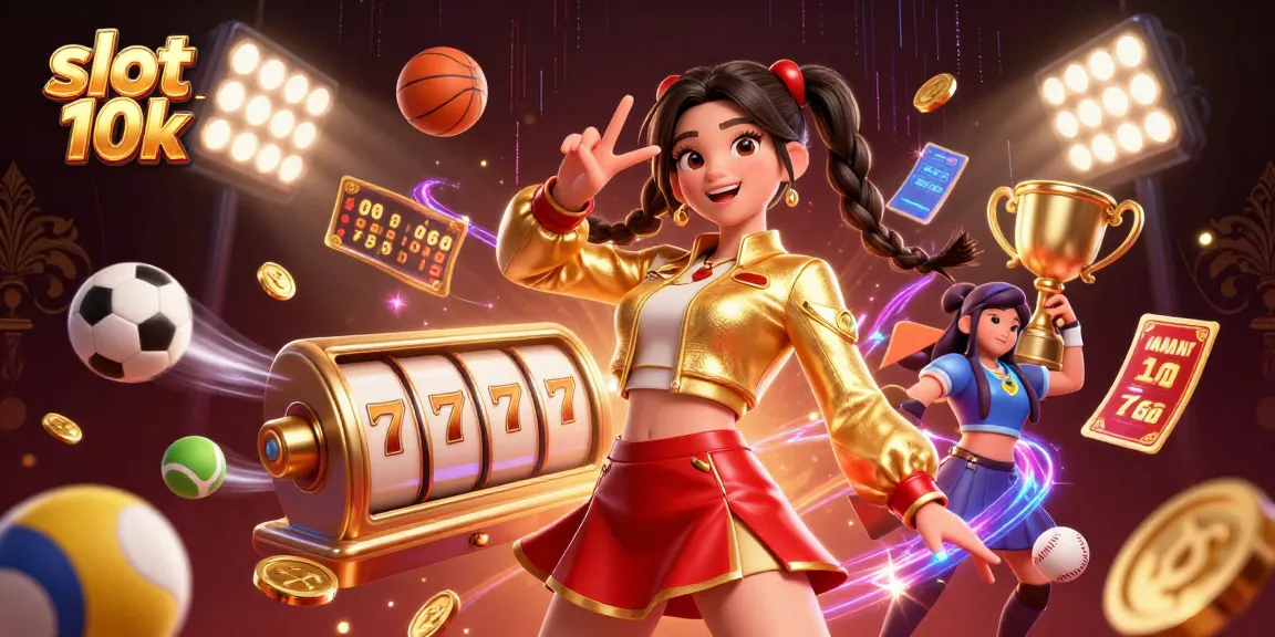 Engage in dynamic slot 10k gaming with an energetic illustration of a joyful woman and colorful slot elements.
