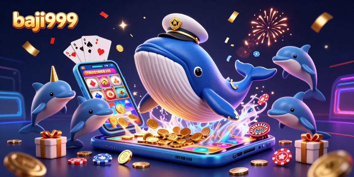 Baji999 players enjoy thrilling action with a captain whale, narwhal, and dolphins amidst coins and vibrant casino games.
