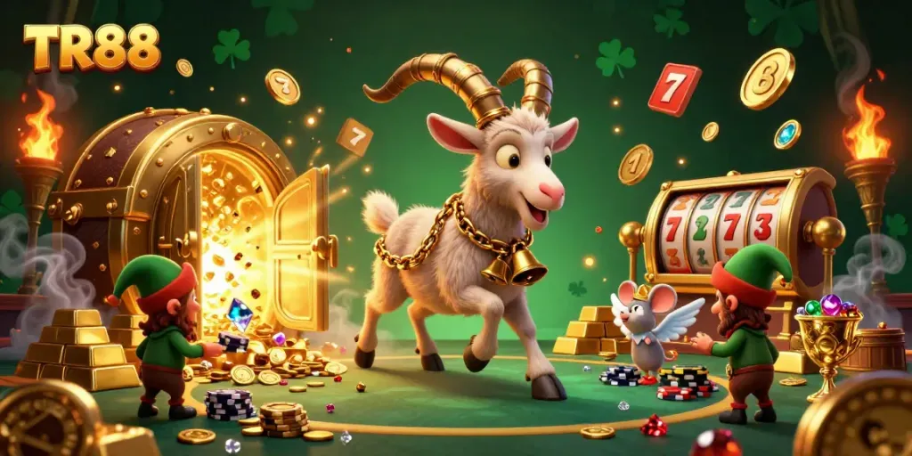 Experience the magical TR88 casino with Krampus and a playful scene of festive gaming mischief.