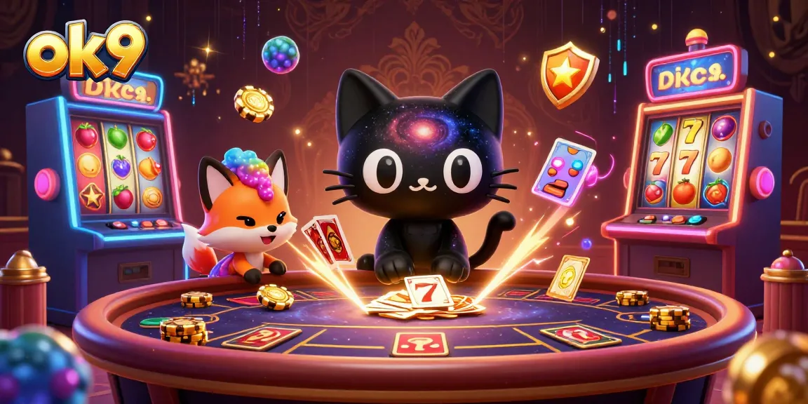 Experience thrilling gameplay at ok9’s cosmic gambling table with vibrant characters and spinning slot reels.