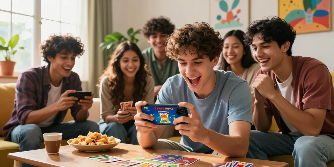 Group of friends joyfully playing 3 Patti World app on smartphone, depicting excitement and engagement. Install Now to join the fun!