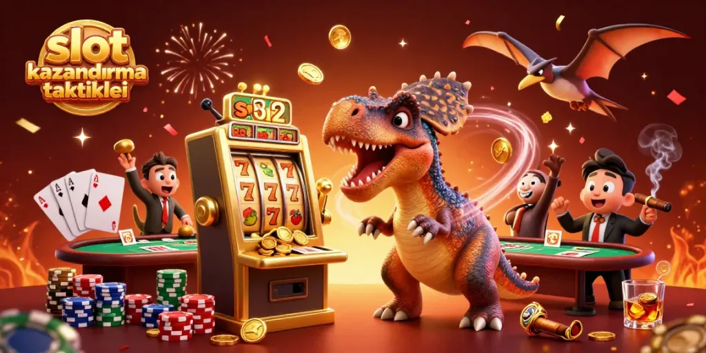 Explore slot kazandırma taktikleri with a fun 3D scene featuring dinosaurs and jackpot excitement.