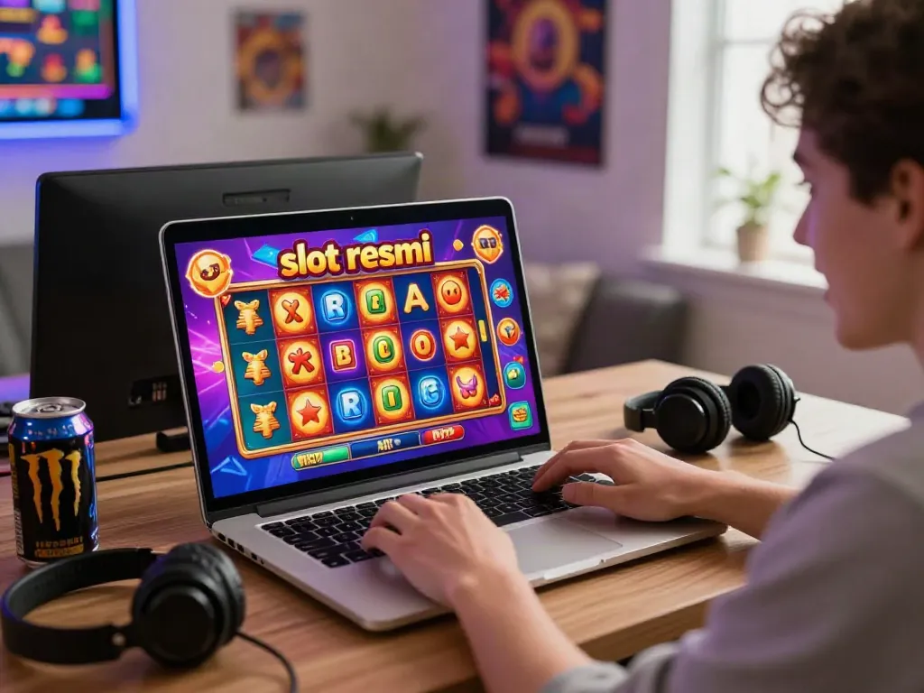 A player enjoying a slot resmi game on a laptop, surrounded by vibrant digital elements representing gaming features.