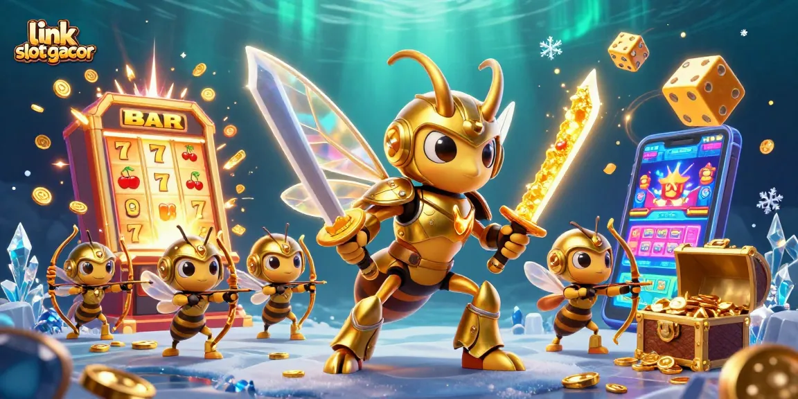 Join the excitement with link slot gacor as giant hornets battle beside a jackpot-loaded slot machine.
