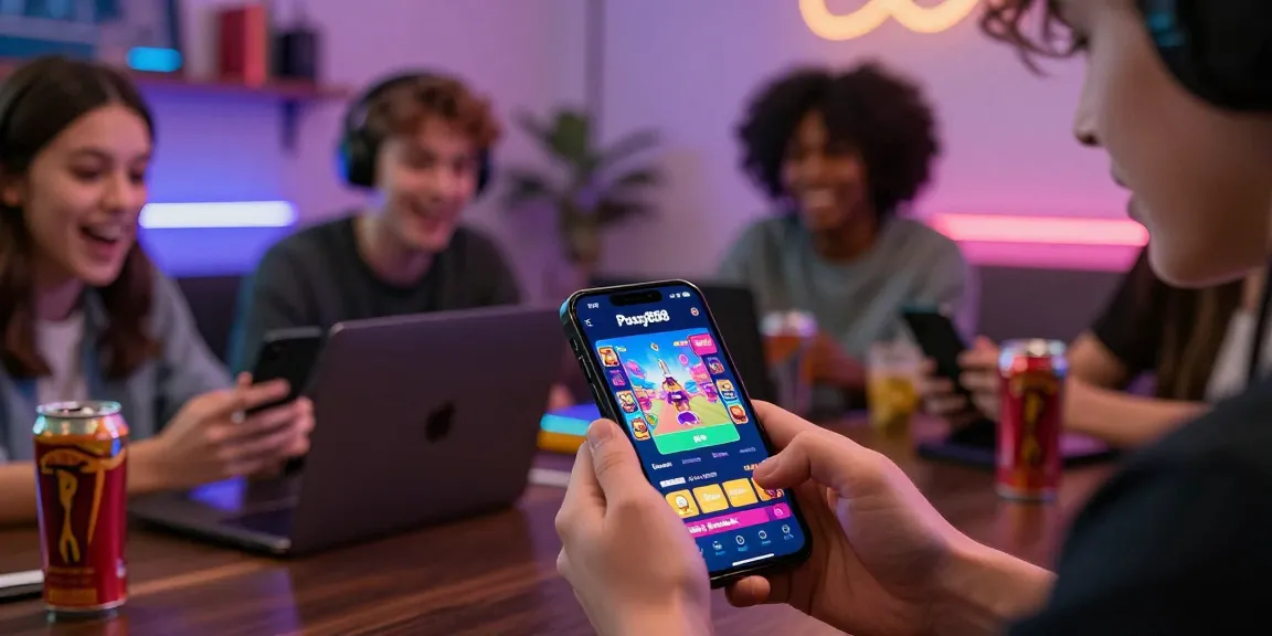 Exciting gaming scene featuring players using the Pussy888 app on mobile devices, showcasing vibrant graphics and dynamic interactions.