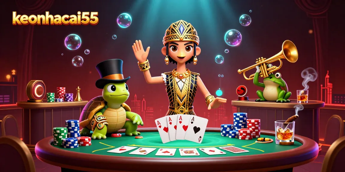 Experience the fun of keonhacai55 with lively characters enjoying poker in a vibrant casino setting.