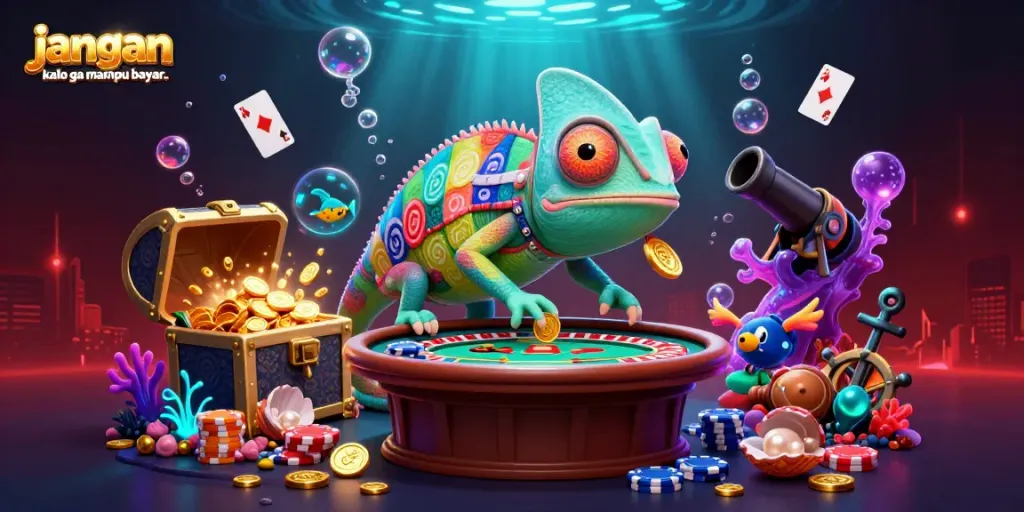Engage with the dynamic chameleon casino owner in this vibrant scene, demonstrating the essence of jangan order kalo ga mampu bayar..