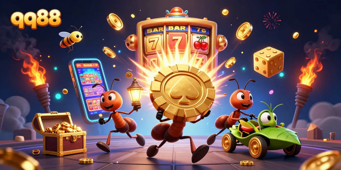 Experience qq88 excitement with cartoon ants and luxury casino elements in a thrilling heist scene.