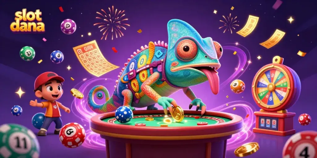 Berbagai permainan slot dana ditampilkan dengan energi dan detail luar biasa dalam ilustrasi 3D.