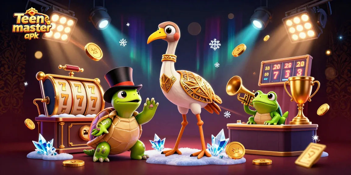 Engage with Teen Patti Master APK in this vibrant 3D casino scene full of slot reels, lucky symbols, and colorful characters.