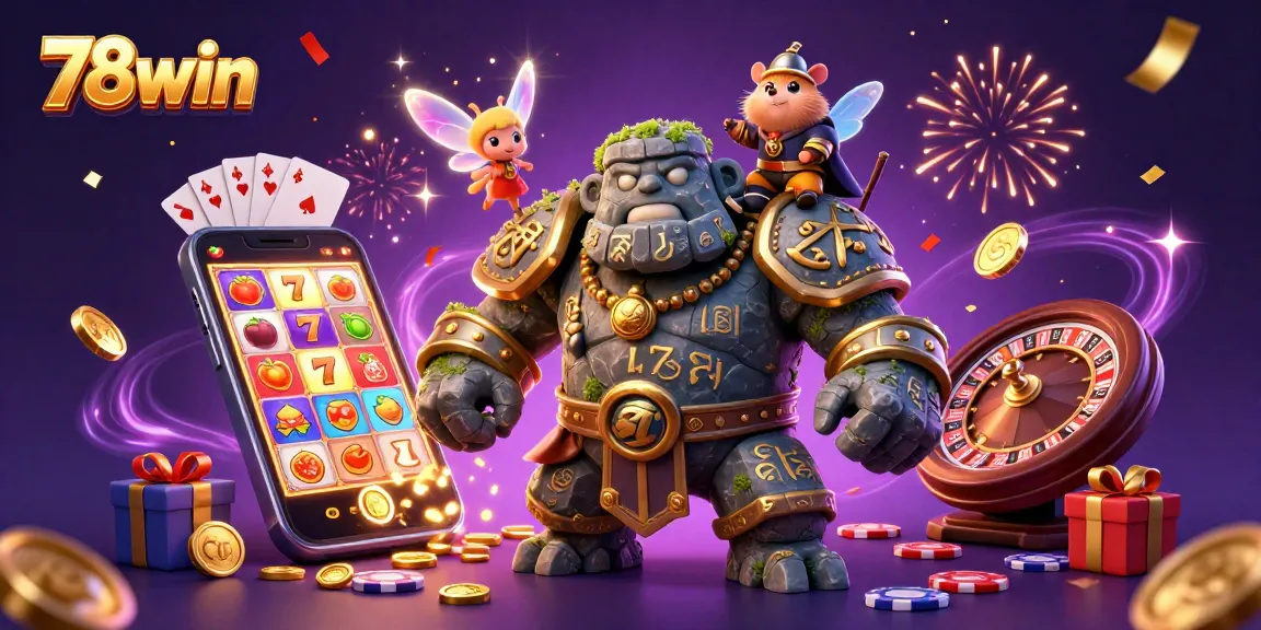 Engage in thrilling slot gaming action with 78win's vibrant 3D illustration featuring enchanted golem guardians.