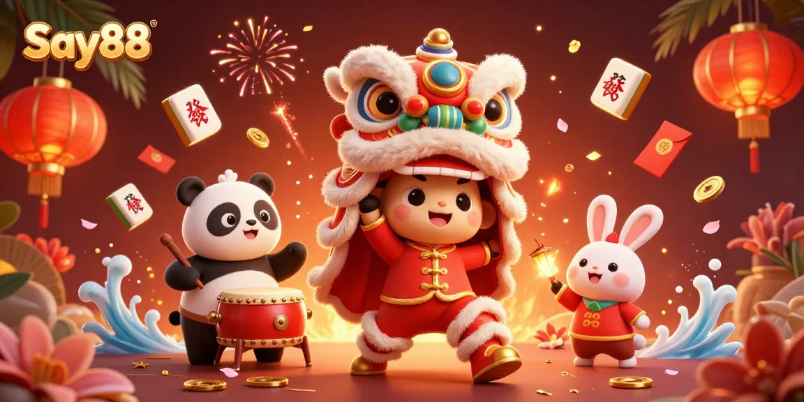 Experience the excitement of Say88 with vibrant gambling elements and festive characters.