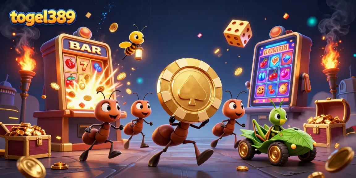 Engage in thrilling gameplay with togel389 as ants carry a giant poker chip in this lively casino scene.