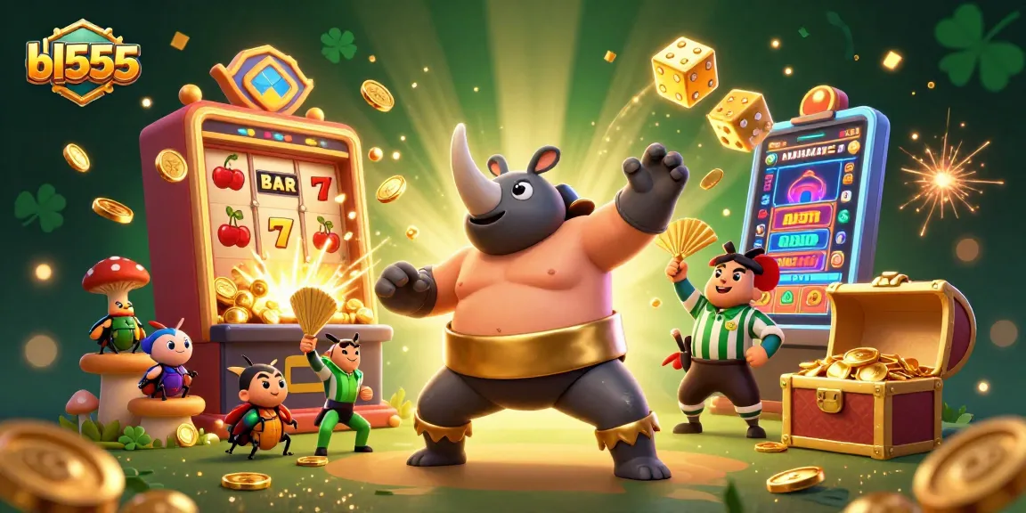 Watch the exciting action of bl555 with a rhinoceros beetle sumo champion amidst golden coins and jackpot symbols.