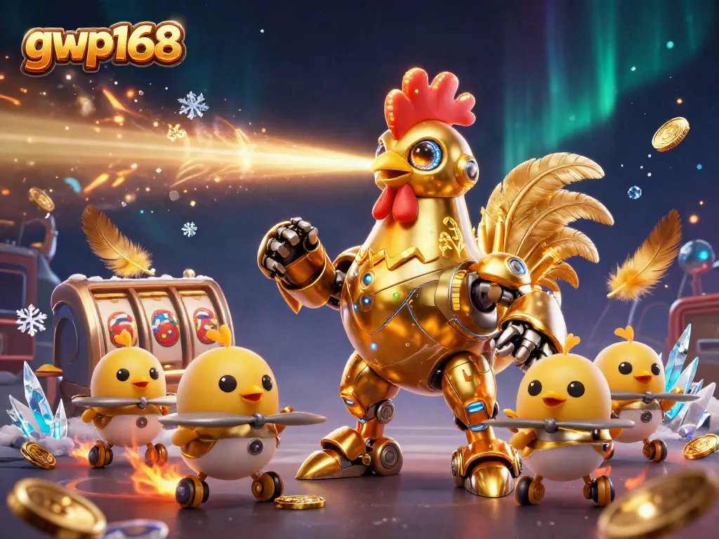 GWP168 menampilkan robot ayam emas futuristik bertarung di arena permainan slot dengan atmosfer berapi.