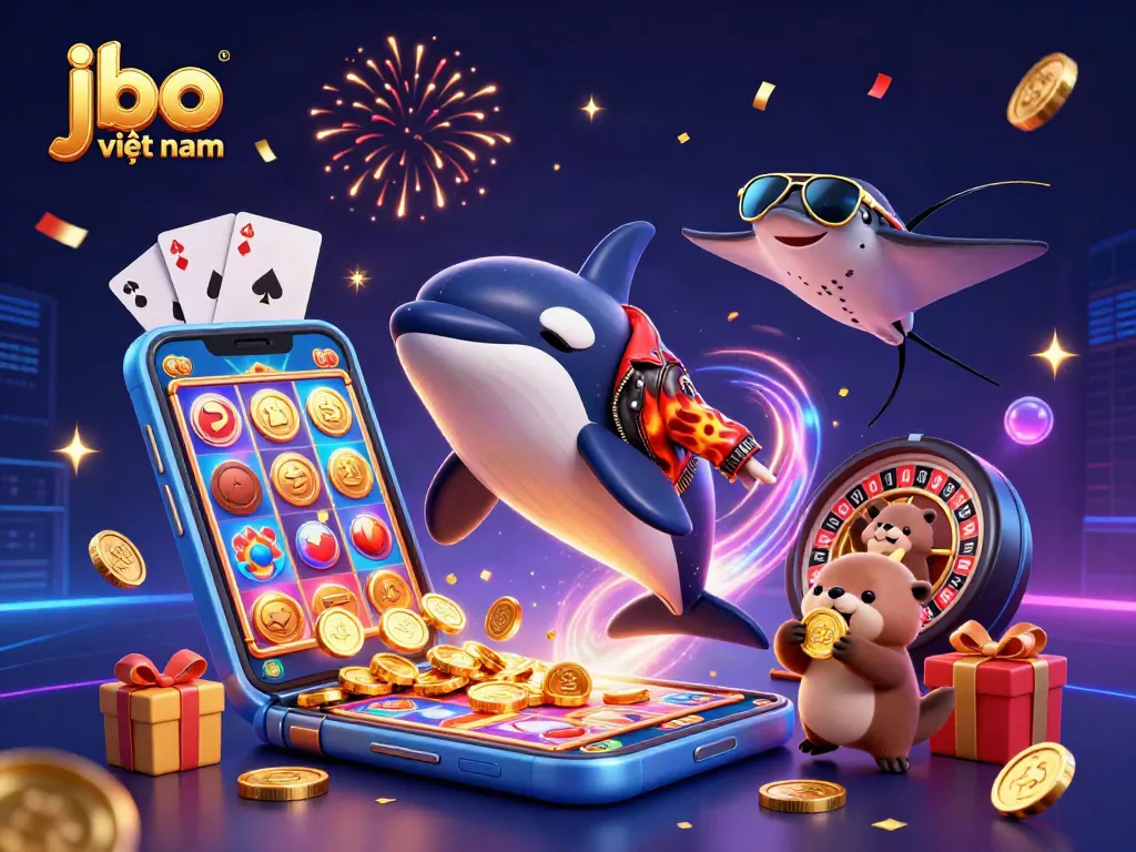 Experience the excitement of jbo việt nam with an engaging 3D casino scene featuring animated characters and dynamic slot elements.