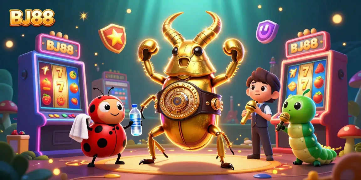 BJ88 showcases a vibrant 3D scene of a golden stag beetle boxing amidst colorful slot machines, capturing the casino excitement.