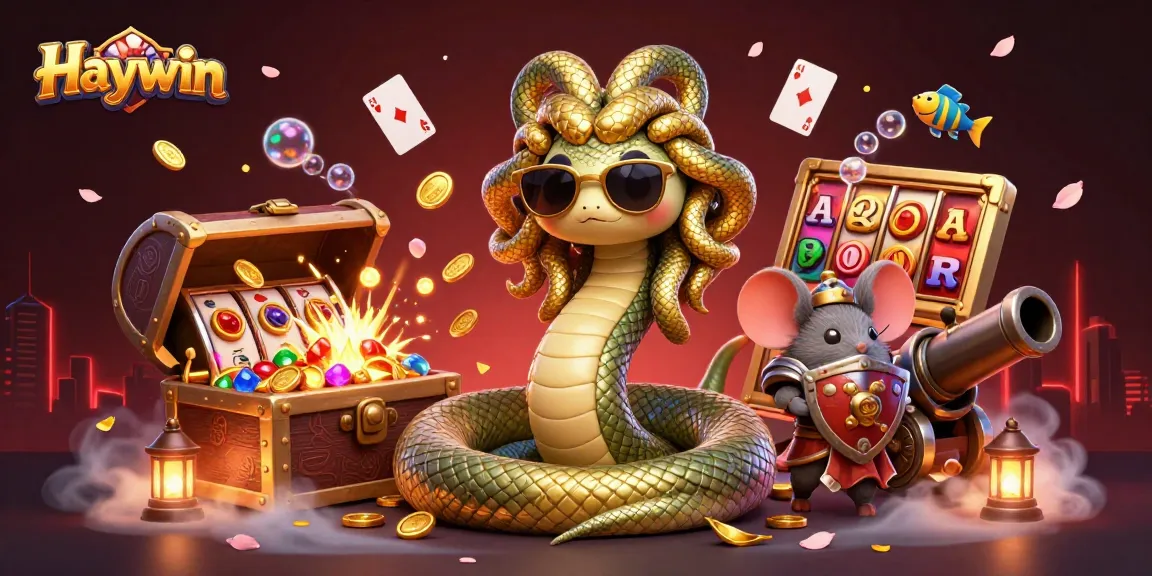Experience the thrill of Haywin casino games with a lively 3D scene of a friendly Medusa and a warrior mouse.