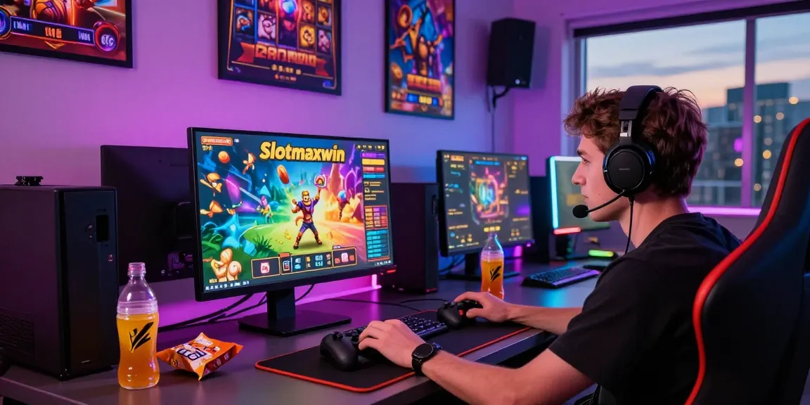 Player engaging in Slotmaxwin game with vibrant screen, snacks, and neon lighting in immersive gaming setup.