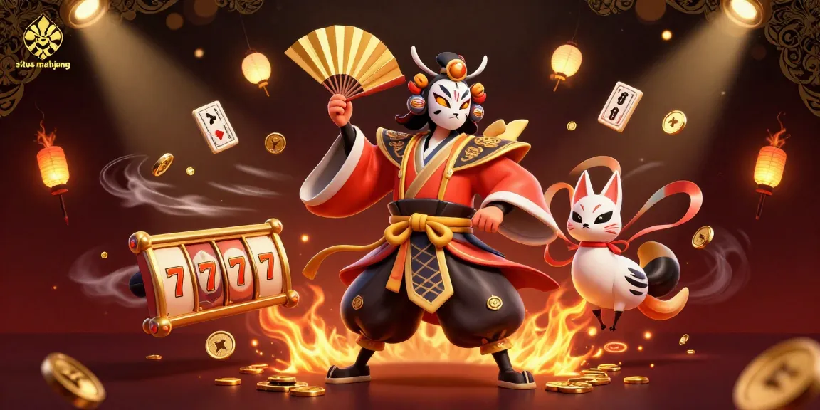 Experience the excitement of situs mahjong with a kabuki warrior and vibrant gaming elements in a dynamic 3D scene.