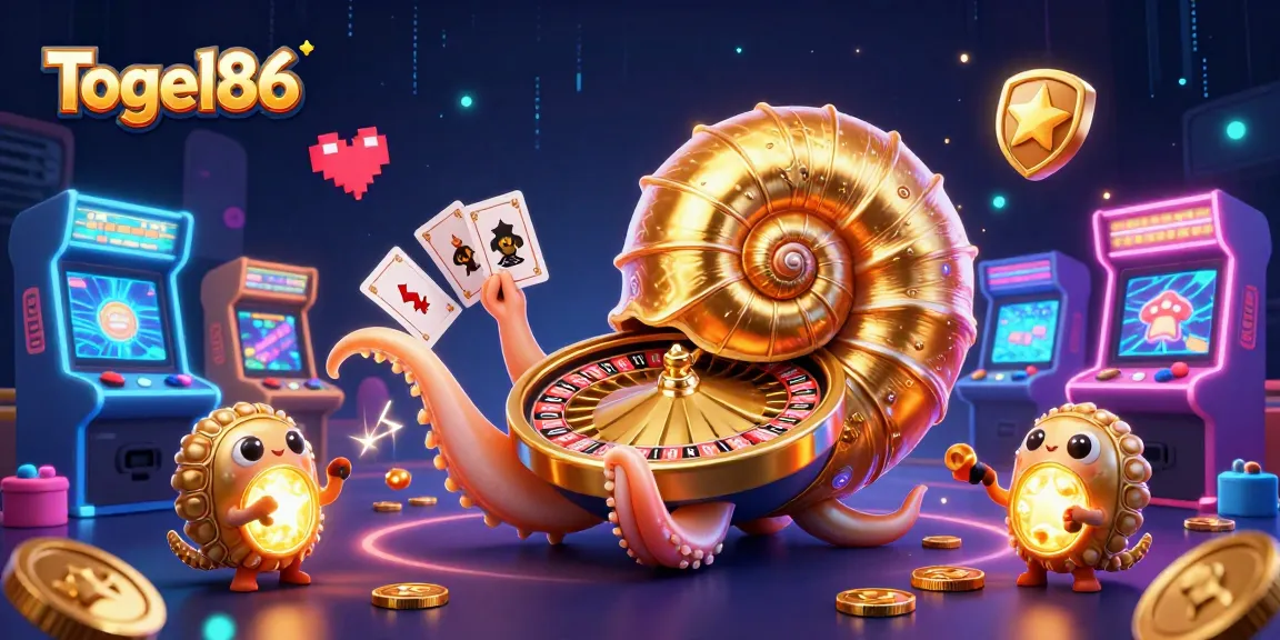 Togel86 showcases an enchanting ancient nautilus as a roulette wheel among vibrant gaming elements.