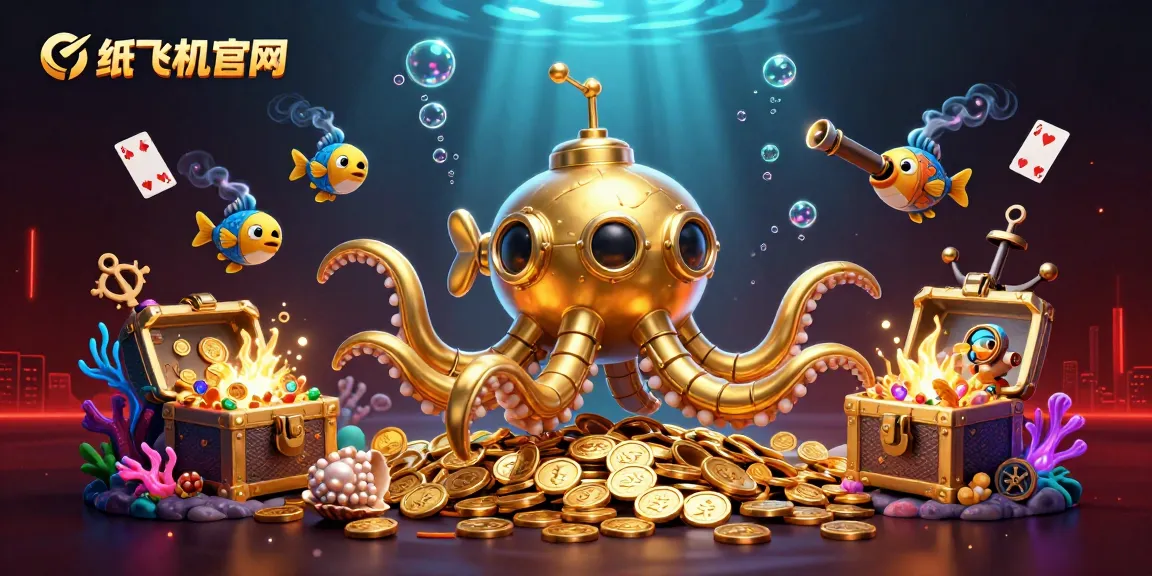 Experience the thrilling underwater adventure of 纸飞机官网 with a golden kraken submarine amid treasures.