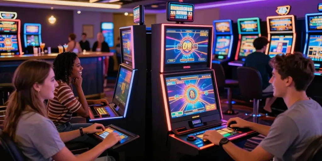 Exciting akunjp online gambling experience with diverse players enjoying vibrant gaming atmosphere and modern slot machines.