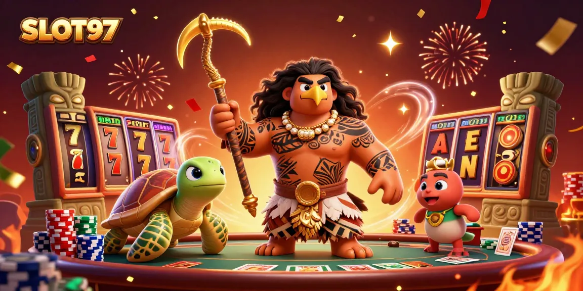 SLOT97 showcases a thrilling casino scene with vibrant slot reels and a demigod theme, inviting players to win big.