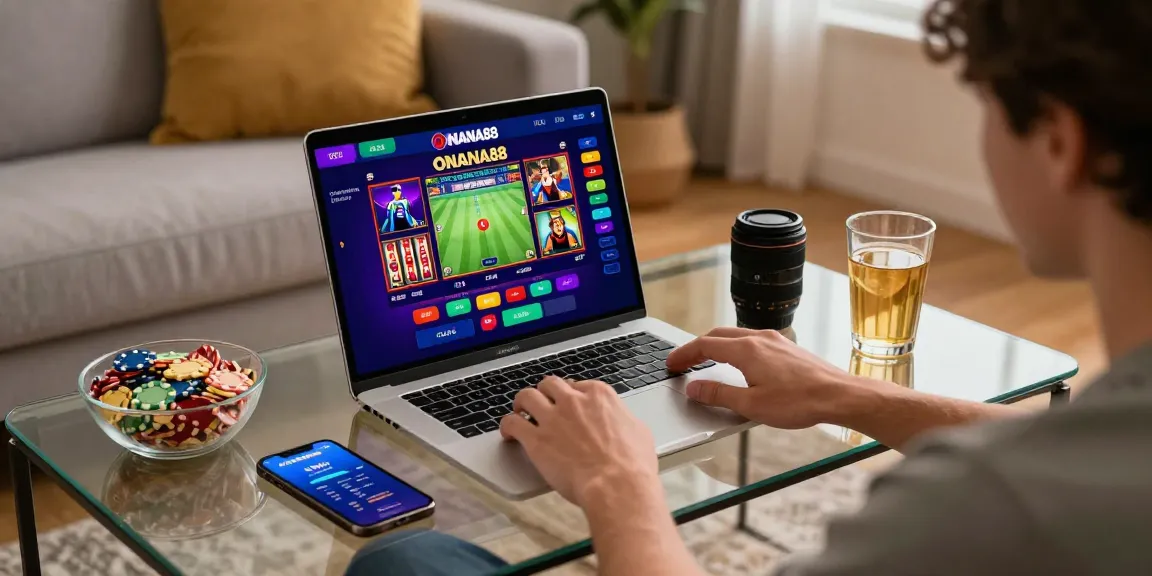 Engaging online gambling with ONANA88 platform on a laptop in a cozy living room setting.
