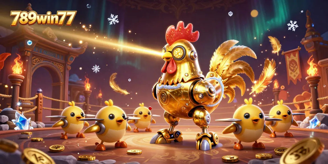 Experience the thrill of gambling with 789win77 in this vibrant 3D casino scene featuring a golden rooster robot.