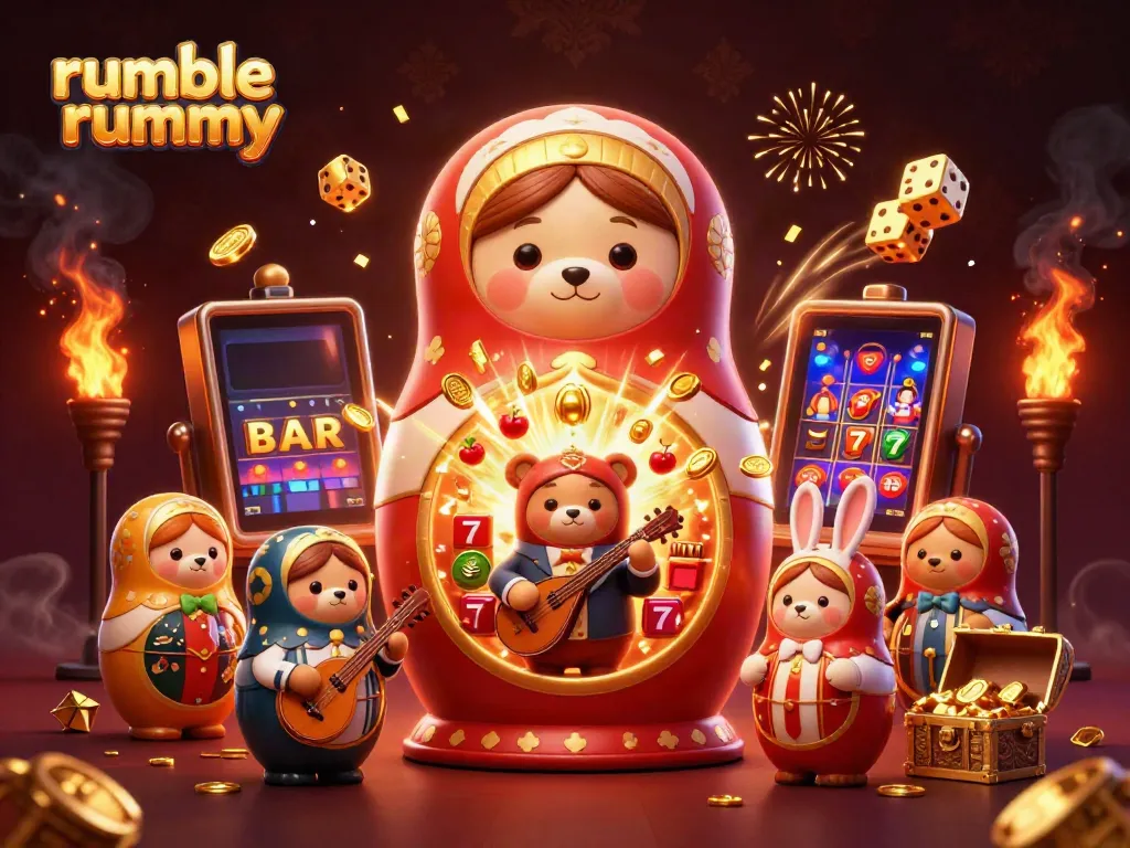 Experience the thrill of rumble rummy with vibrant casino elements and colorful 3D characters.