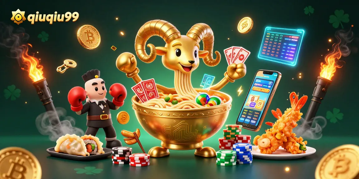 qiuqiu99 showcases a vibrant cartoon scene of a golden ramen bowl dealer stacking chips, with crypto elements