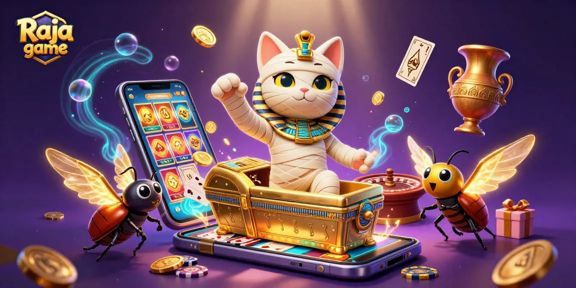 Experience the thrill of Raja game with a mummy cat and exciting casino elements in a vibrant 3D illustration.