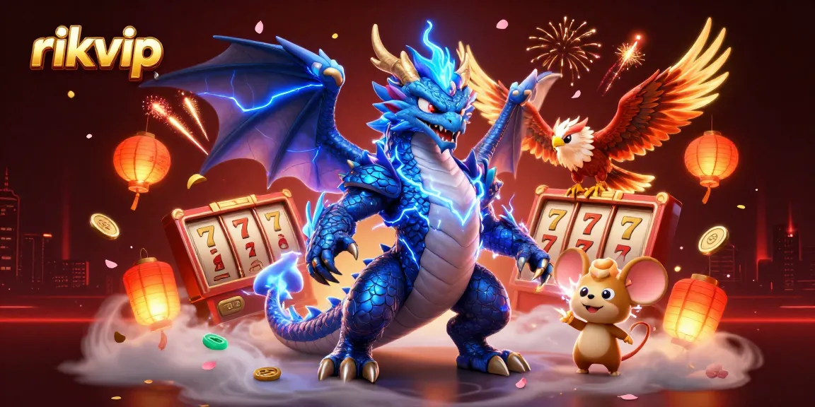 Engage with rikvip's thrilling slot games featuring vibrant characters and festive elements in a captivating casino scene.