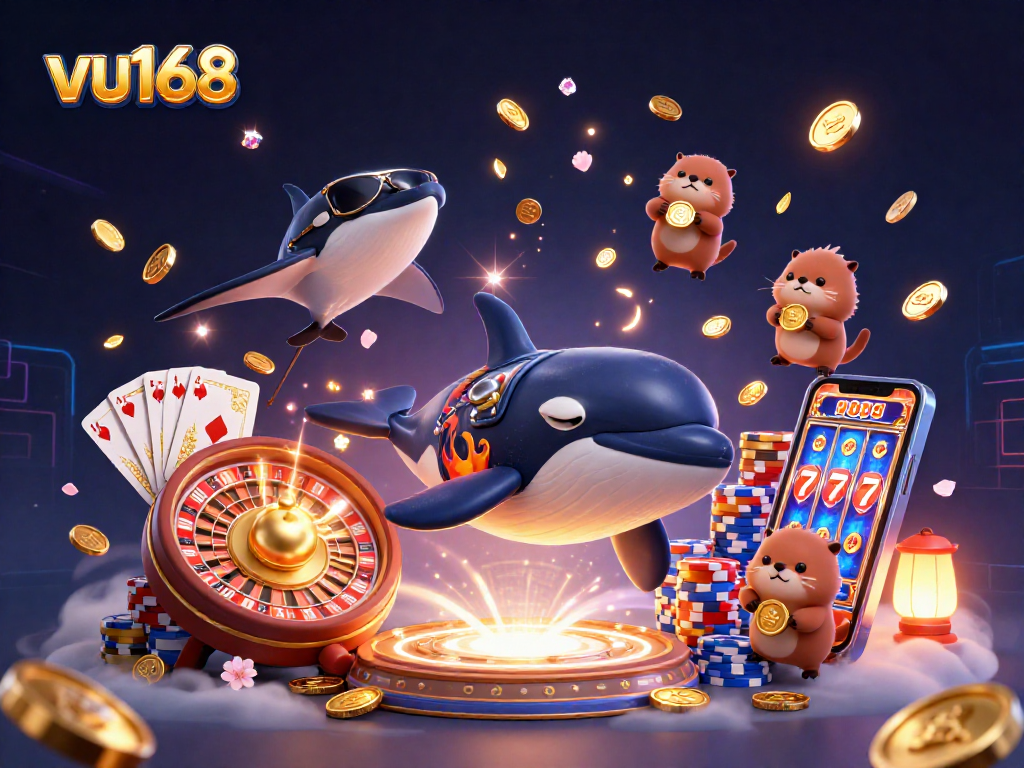 Experience the vibrant world of vu168 with 3D characters enjoying interactive gambling moments surrounded by glimmering casino elements.